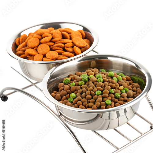Two stainless steel bowls filled with dry dog food and peas on a modern elevated feeder