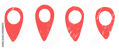 Location map pin red crayon drawn set. Road pointer hand drawn grunge textured doodle isolated on white background. Travel destination elements. Vector navigation geo position illustration by pencil.