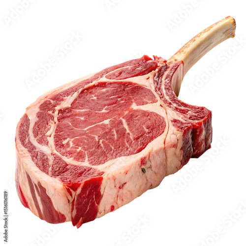 Delicious raw tomahawk steak with bone isolated against a black background ready for cooking and grilling