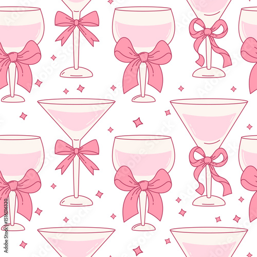 Seamless Pattern Pink Coquette Glass Drink with Bow. Vintage Aesthetic Cocktail on White Background. Romantic Girly Vibe. Trendy Party backdrop template. Vector illustration