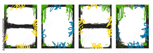 Urban grunge spray background frames set. Double border graffiti template with airbrush lines stroke. Ink and paint punk decor for photo. Retro texture banner poster overlay Vector illustration.