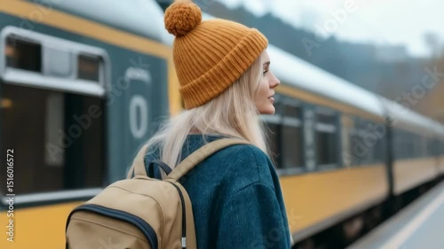Caucasian young female traveler with backpack at train station