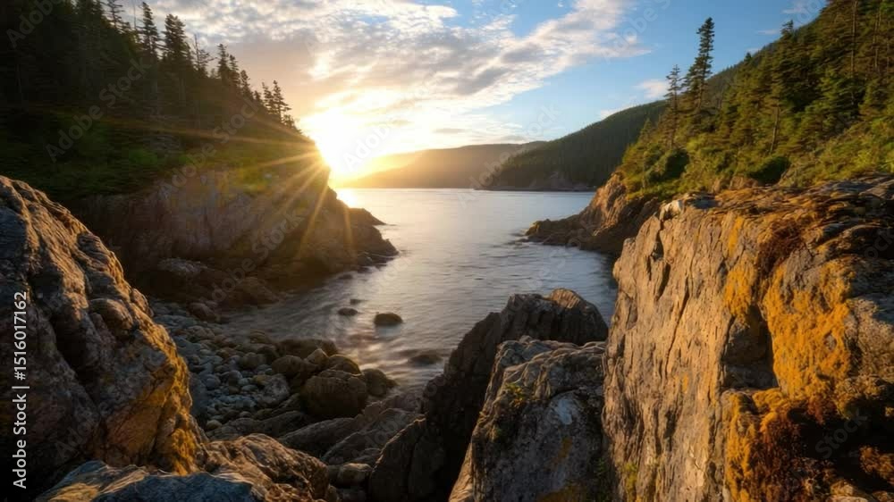 Serene Sunset Over Tranquil Coastal Waters Surrounded by Rocky Cliffs and Lush Greenery Serene Sunset Over Tranquil Coastal Waters Surrounded by Rocky Cliffs and Lush Greenery