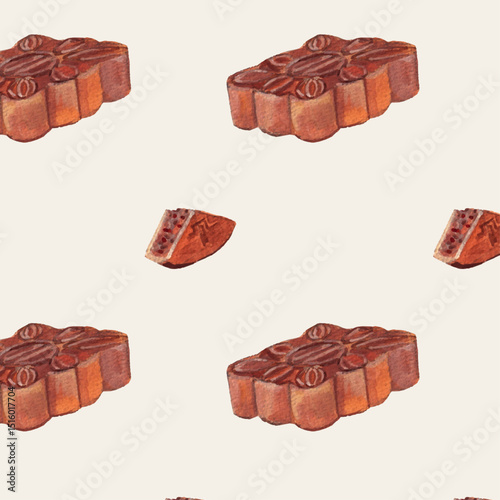 Mooncakes watercolor seamless pattern. Simple artistic traditional wallpaper for Mid Autumn festival. Decorative hand drawn signature dessert for celebration. Asian cuisine heritage tradition. 