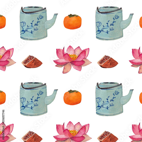 Mid Autumn festival tea pot, mooncake slice, persimmon, lotus flower seamless pattern. Traditional realistic watercolor style. Cute elegant wallpaper for Asian celebrations. 