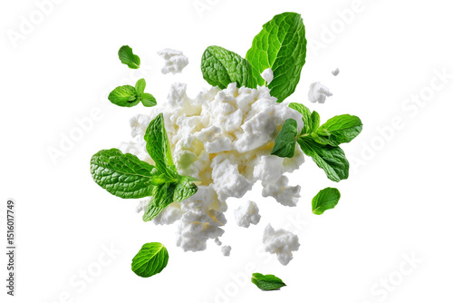 Fresh cottage cheese with green mint leaves, isolated on white transparent background, concept of healthy food and freshness