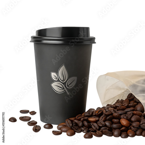 Elegant coffee cup with leaf logo beside a pile of freshly roasted coffee beans on black background