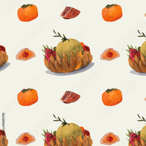 Mid Autumn fruits watercolor seamless pattern. Plate of grapefruit, persimmon, slices of mooncakes watercolor illustrations. Decorative traditional elements for Asian festivals. Cute wallpaper. 