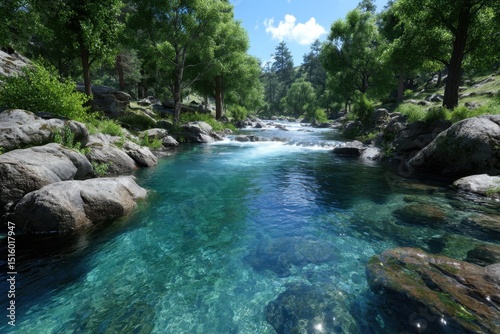 Clear blue river flows through lush greenery in a tranquil natural landscape
