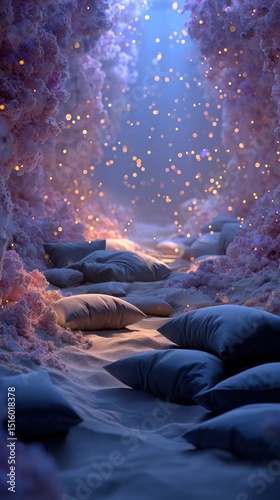Japanese-inspired sleep meditation space Dreamy Pathway of Soft Pillows Surrounded by Glowing Lights minimalist zen sleep sanctuary tranquil sleep zone for wellness