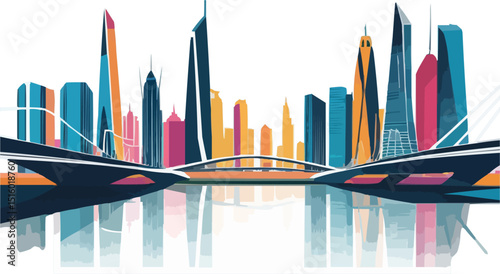 Colorful Cityscape Illustration with Bridge and Water Reflection Modern Urban Skyline