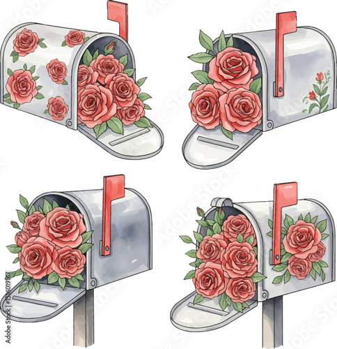 Watercolor Mailbox Set with Blooming Red Roses