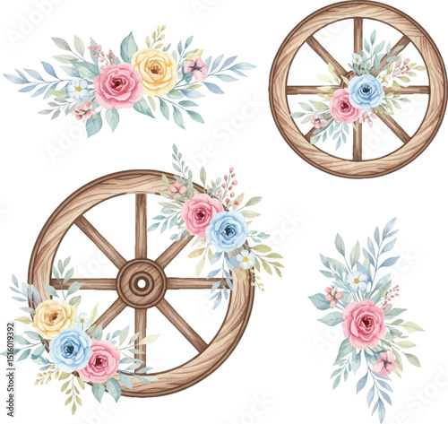 Watercolor Floral Wagon Wheel Clipart Collection