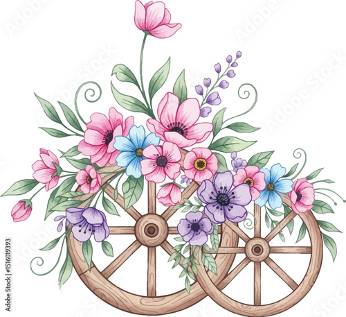 Watercolor Wagon Wheels with Summer Floral Bouquet