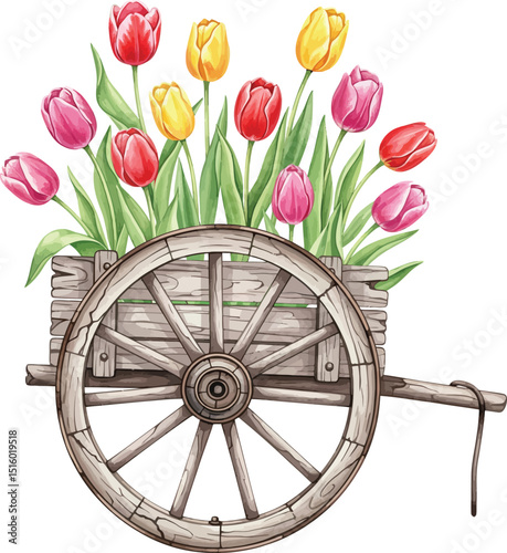 Rustic Flower Cart Illustration with Tulip Bouquets