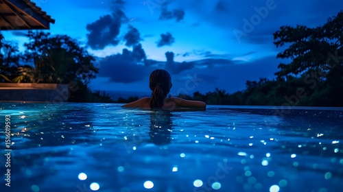 A woman floating alone in a pool at night