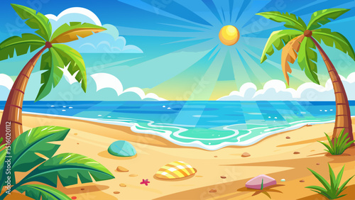 Golden sand stretches beside a turquoise sea under a clear blue sky, with palm trees swaying, seashells scattered, and sunlight sparkling across the warm, tranquil summer beach scene.

