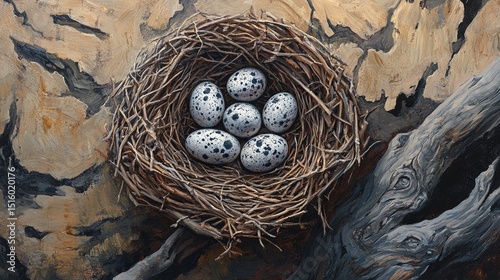 Bird nest with speckled eggs on wood.