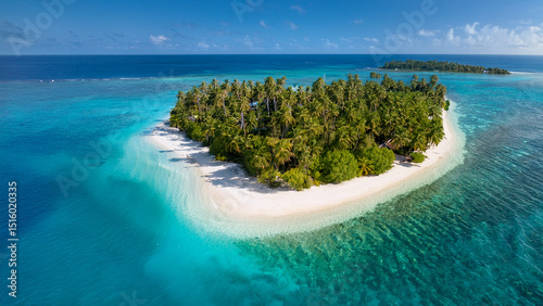 A drone view of an island with white sand in the middle of the ocean. Turquoise water, coral reef. There are palm trees all around. Maldives