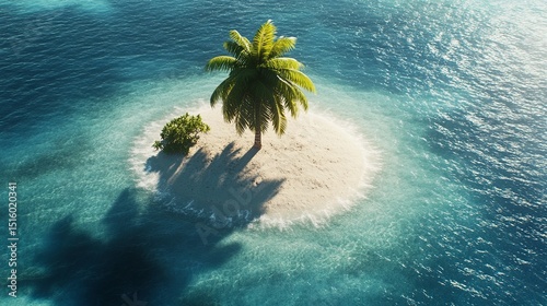 Deserted island with a single palm tree and crystal-clear water surrounding it.