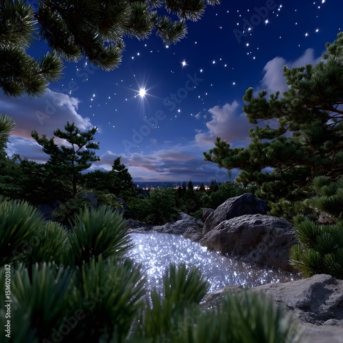 Nighttime forest scene with sparkling stream