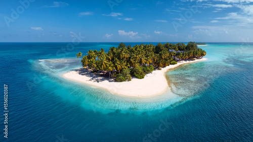 A drone view of an island with white sand in the middle of the ocean. Turquoise water, coral reef. There are palm trees all around. Maldives