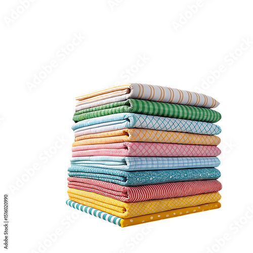 Stacked collection of colorful folded fabrics with various pattern designs against a black background