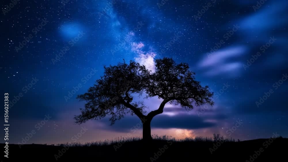 Majestic lone tree silhouette against milky way with moving clouds Majestic lone tree silhouette against milky way with moving clouds