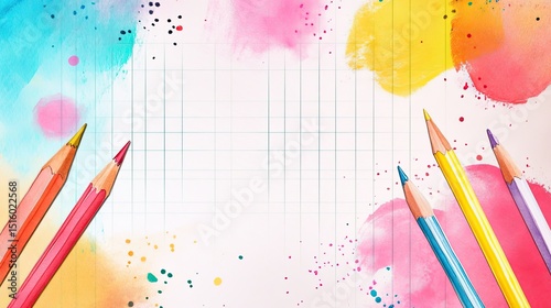 Dynamic watercolor background featuring colorful paint splatters, subtle grid paper texture and strategically placed pencils. Perfect for artistic or educational themes with copy space