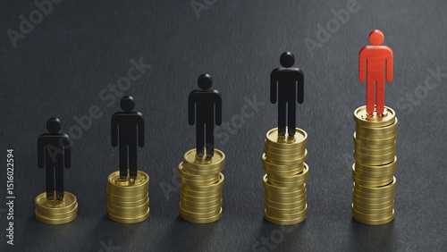 Wooden human figures with a growth graph and coins. Growth. Sales. Profits.Leadership with business success concept.3D rendering on black background.