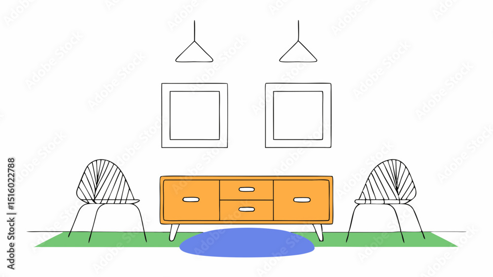 Fototapeta premium Vector modern living room with wooden sideboard, two chairs, and decorative elements