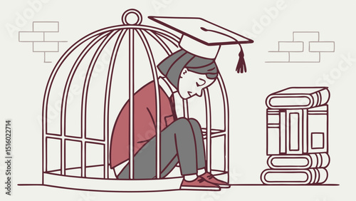 Vector graduate student feels confined in cage, symbolizing academic pressure and isolation
