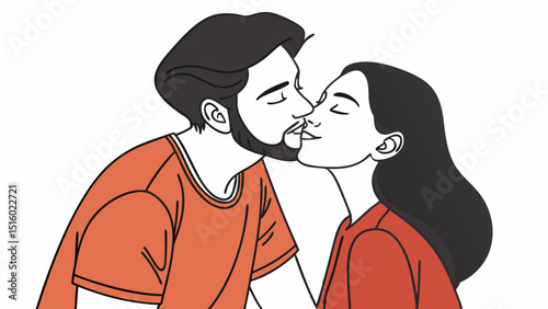 Vector minimalist illustration of attractive couple sharing kiss, conveying love and connection