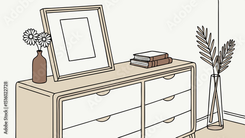 Vector minimalist interior scene featuring dresser with blank frame, books, and decorative plants