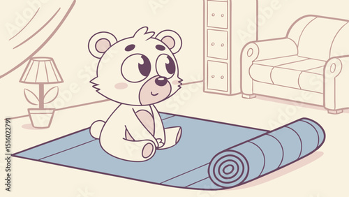 Vector Cute cartoon bear sitting on yoga mat in cozy room, evoking playful atmosphere