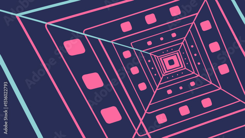 Vector vibrant abstract design featuring neon squares and lines creating tunnel effect