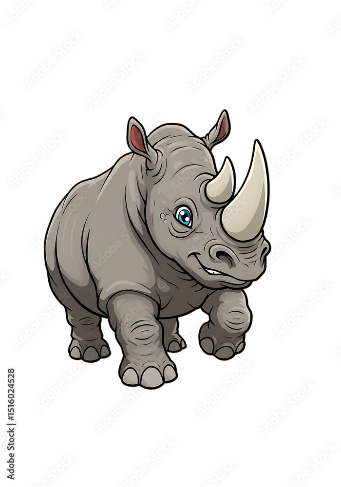 Fototapeta premium Cartoon Rhino Illustration: Cute Gray Rhino with Big Horn png, transparent background
