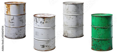 Set of rusty white and green metal oil barrels