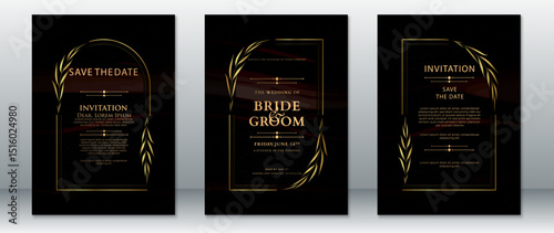 Luxury wedding invitation set with golden laurel leaf accents on a black background. Features refined typography and classic layout, ideal for formal and elegant celebrations.