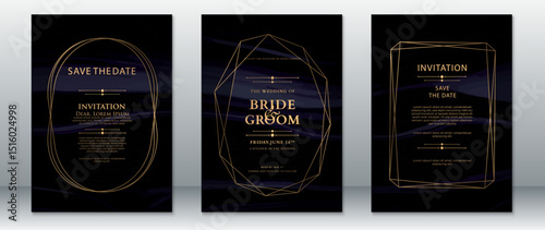 Minimalist wedding invitation design featuring golden geometric frames on a dark violet-black background. Ideal for modern, elegant, and stylish wedding themes.