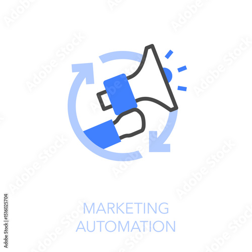 Simple visualised marketing automation icon symbol with a with process arrows and a megaphone.