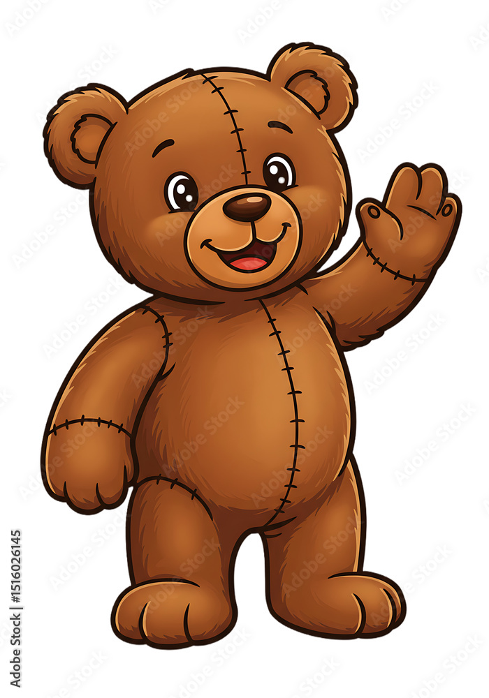 Fototapeta premium Cute Brown Teddy Bear Illustration: Waving Hello png, transparent background