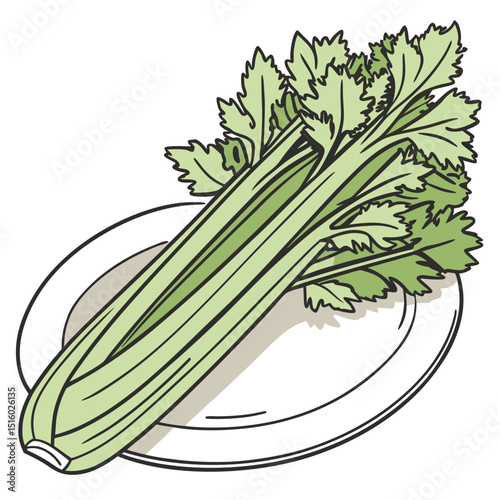 Vector illustration of green juicy celery on a plate