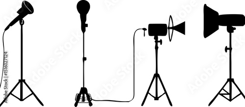 A silhouette illustration of microphones and studio lights on tripods set up