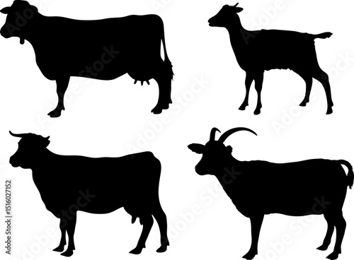 Silhouettes of two cows and two goats standing against a white background