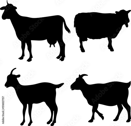 Silhouettes of a cow sheep and two goats in black and white illustration
