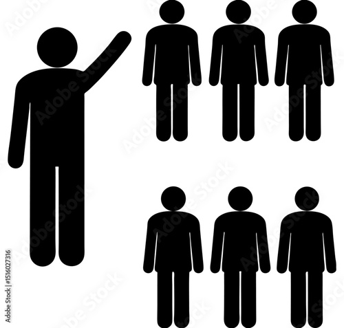 Black stick figures with one raising arm and five standing in two rows