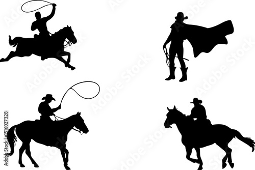 Silhouettes of cowboys on horses and a cowboy with a cape and a lasso rope