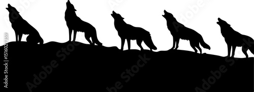 Silhouette of five wolves howling on a hill against a white background image