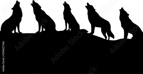 A silhouette of five wolves howling together on a dark hill in the night
